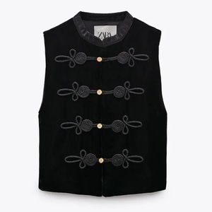 ZARA Black embroidered velvet toggle vest